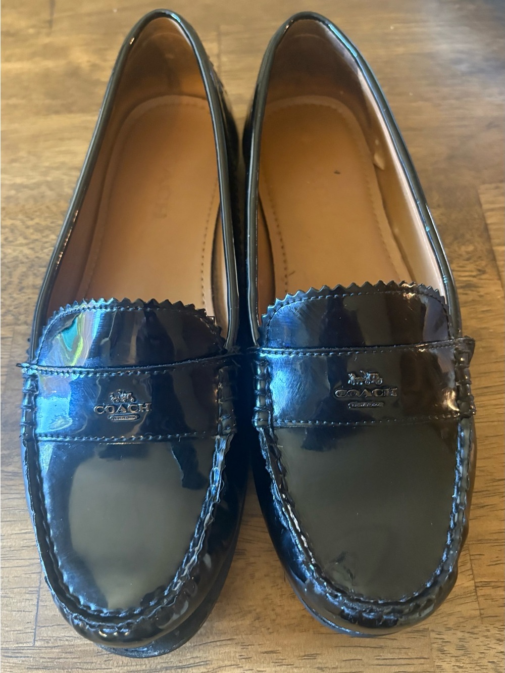 Coach Glossy Black Patent Finish Loafers with Logo Accent